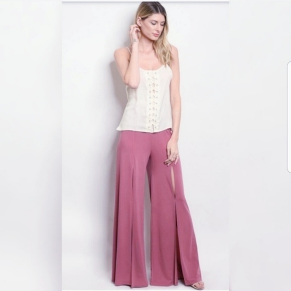 $4 SALE  Wide Leg Stretch Pants front slits Pink S - Picture 3 of 4